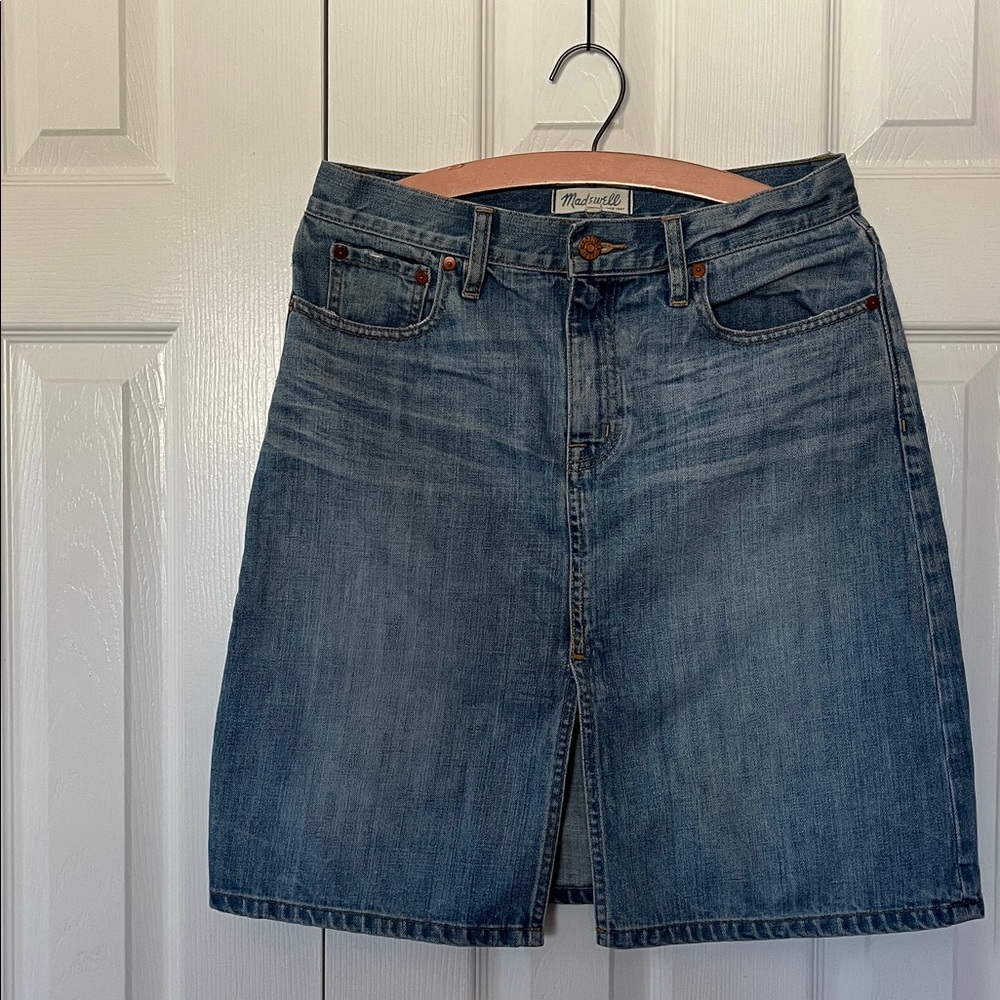 MADEWELL • Denim Skirt 90s A Line Mini Midi High Waisted Jean Front Slit 28